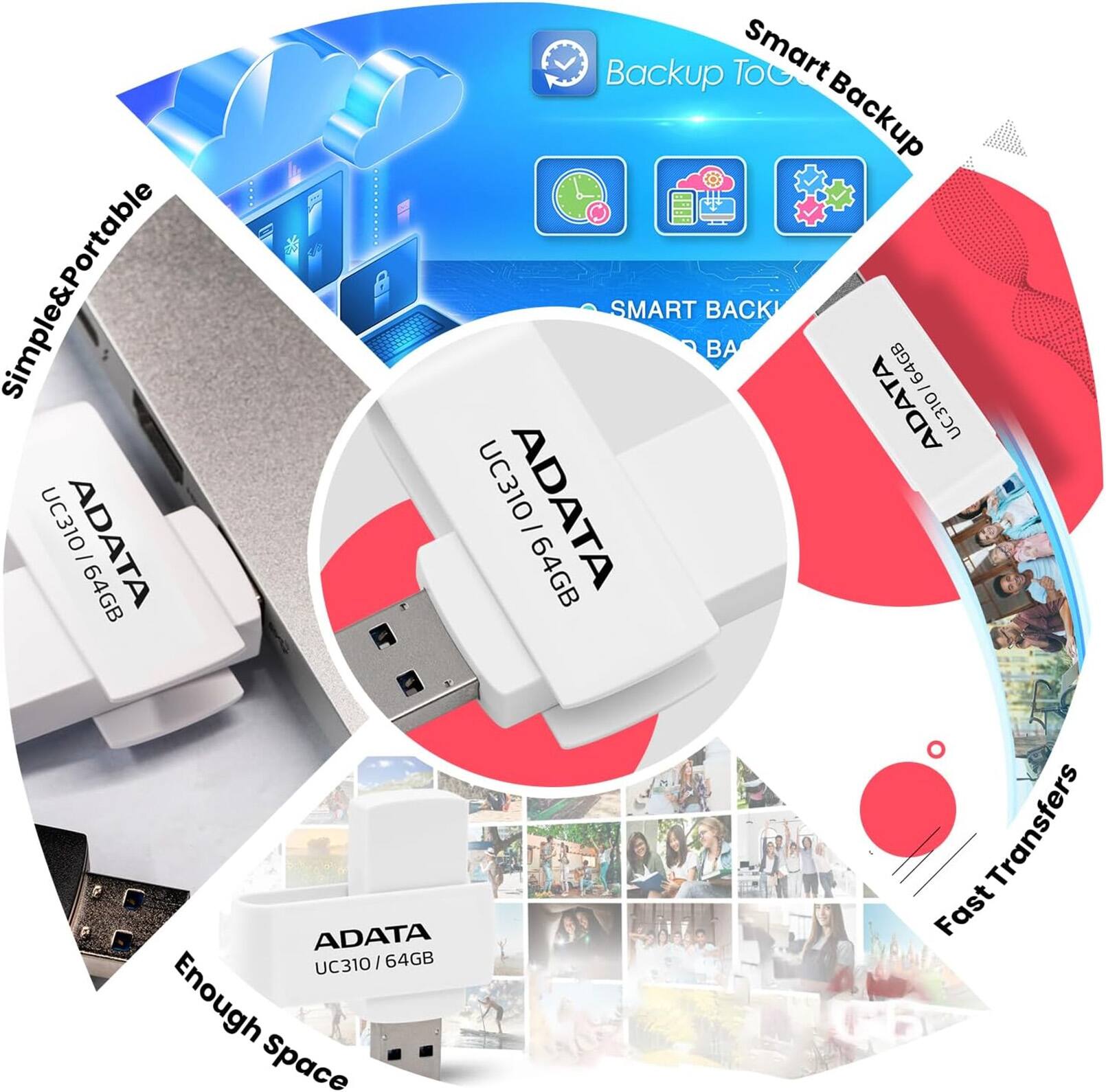 Simple & Portable  
ADATA UC310 / 64GB  
Backup TOG Smart Backup  
SMART BACKUP  
ADATA UC310 / 64GB  
ADATA UC310 / 64GB  
Enough Space  
Fast Transfers