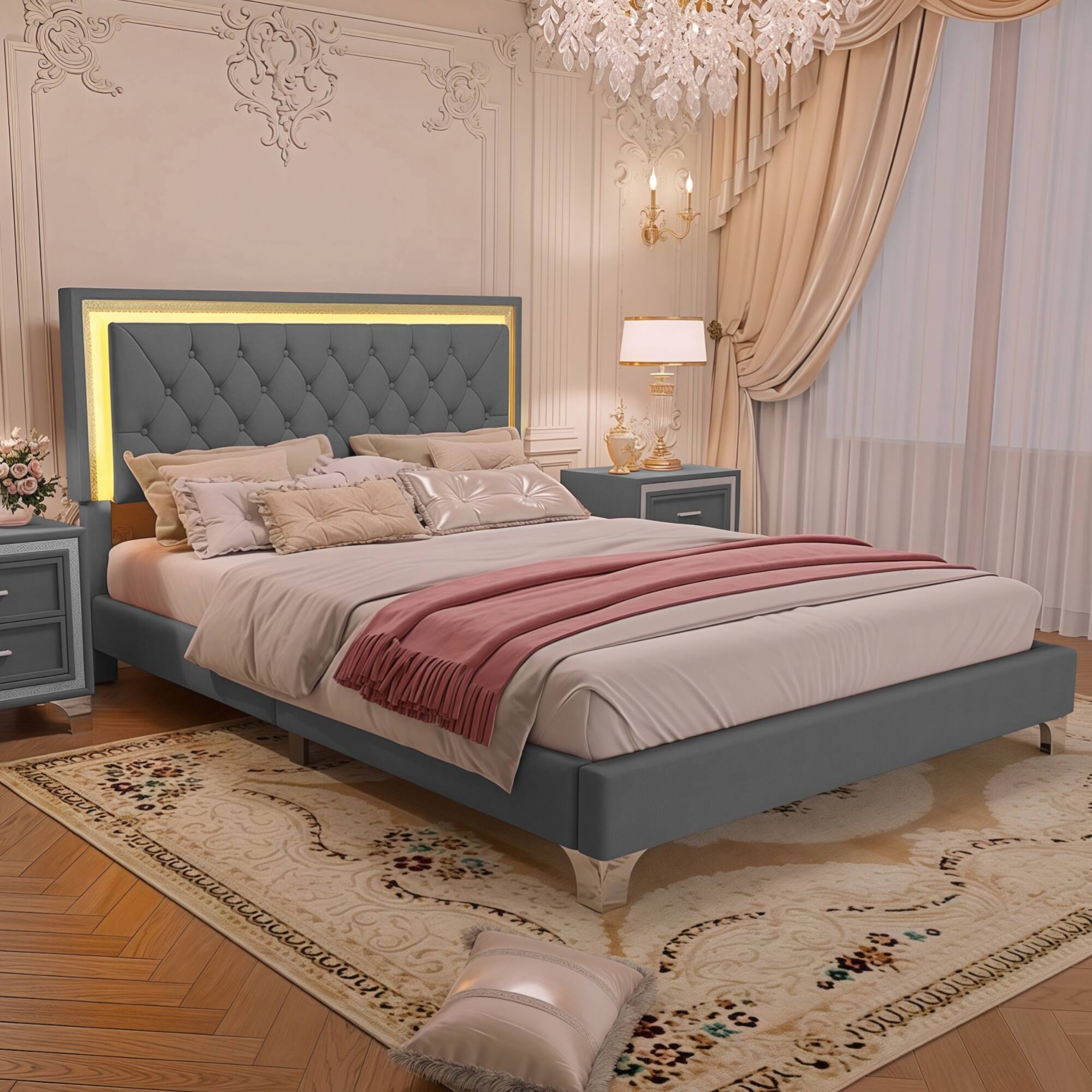 Angle. GOODSILO - Elegant Velvet Upholstered Queen Bed Frame with LED Lights and Tufted Headboard - Gray.