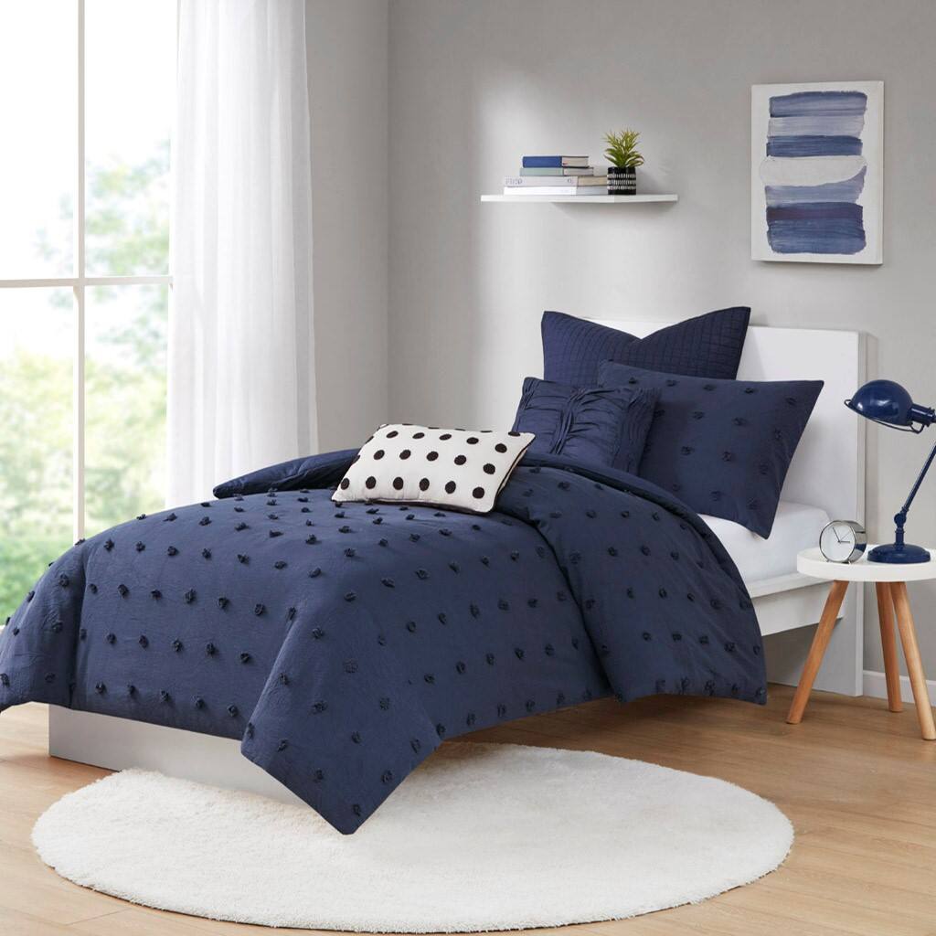 Alt View 4. Gracie Mills - Gracie Mills Mikel Chenille Dot Cotton Jacquard Comforter Set with Euro Shams and Throw Pillows - Navy.