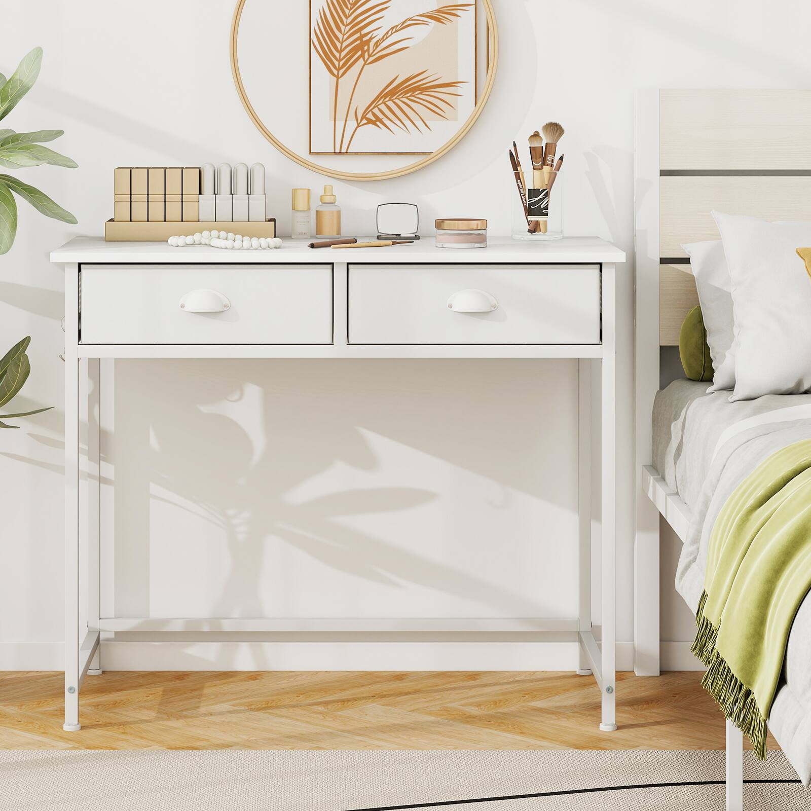 Angle. SlickBlue - Home Office Writing Desk with Fabric Drawers and Side Hooks - White.