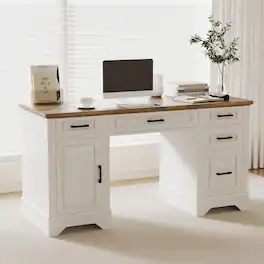 Jojoka - Executive Desk with Drawers & Cabinet, 58" Farmhouse Office Desk, Wood Home Writing Work DeskRoom - White