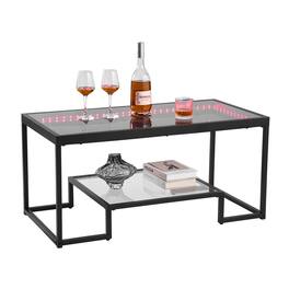 VEVOR - Coffee Table, Modern Tempered Glass Coffee Table with Lighting, 2 Tiers Rectangle Glass Center Desk with Open Storage - Black