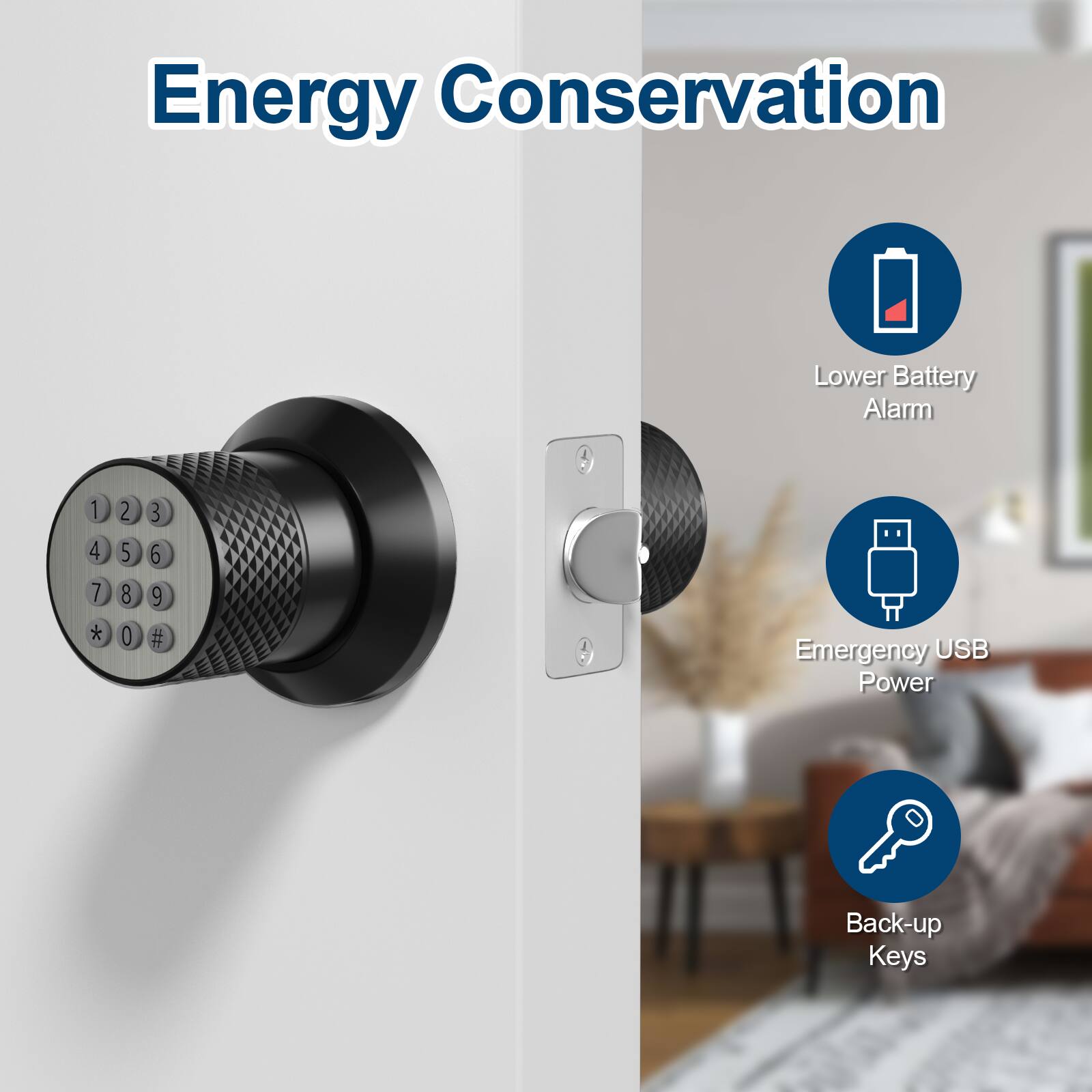 Energy Conservation
Lower Battery Alarm
Emergency USB Power
Back-up Keys
