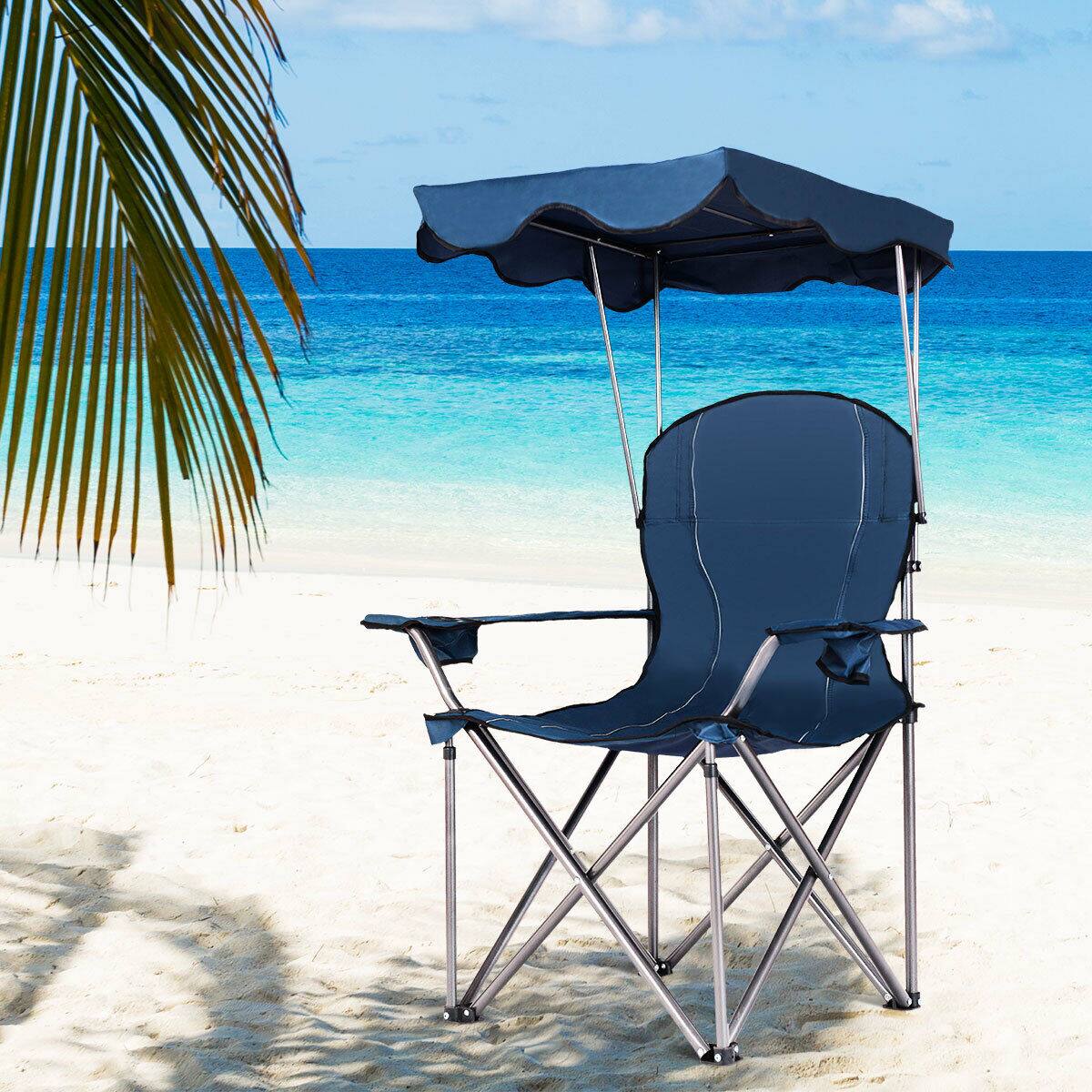 Costway Portable Folding Beach Canopy Chair W/ Cup Holders Bag