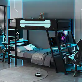 Anysun - Twin Size Bunk Bed with Two Built-In Gaming Desks, USB Desktop Ports & Pegboard Organizer, Gaming Bunk Frame for Gamer - Blue