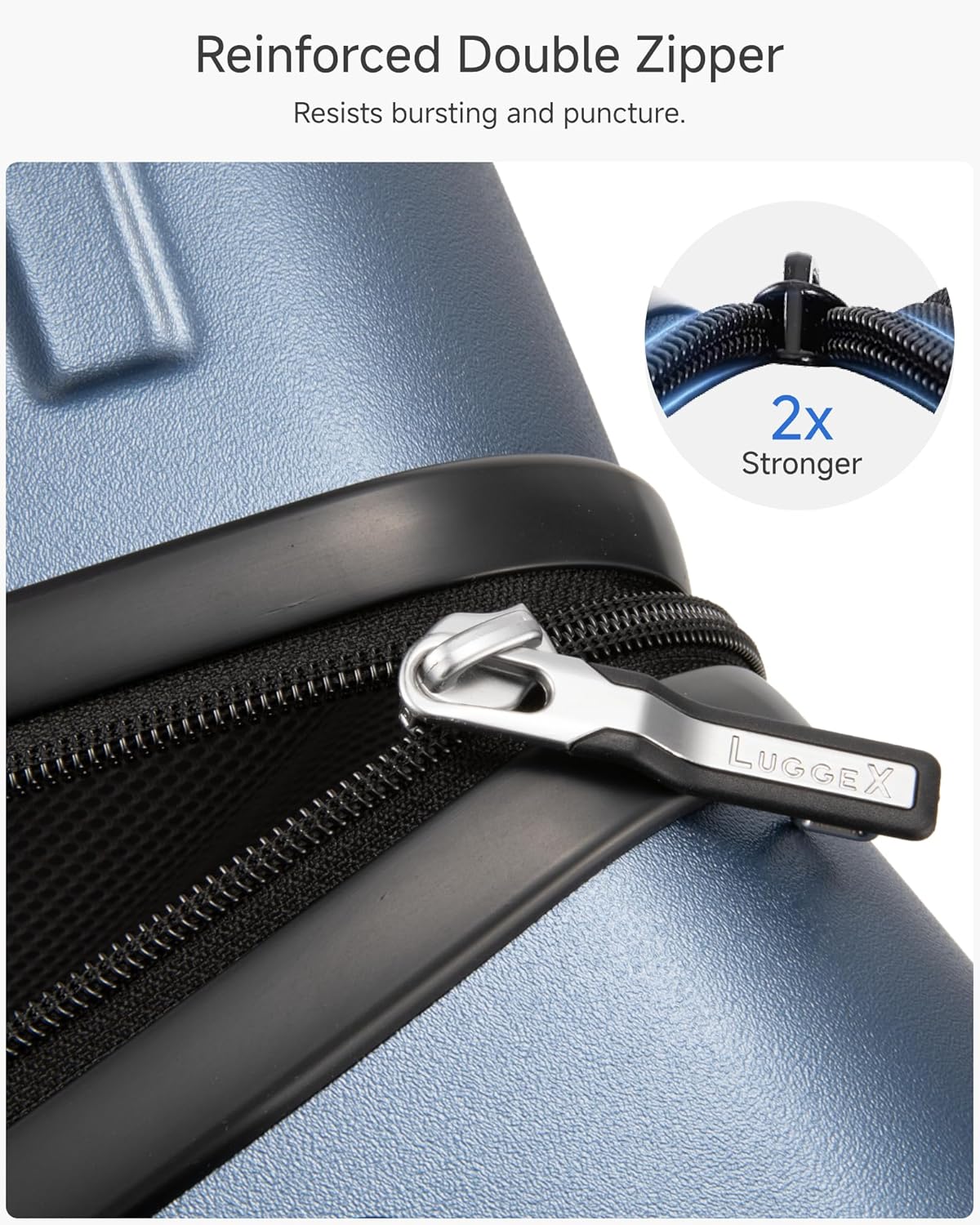 Reinforced Double Zipper Resists bursting and puncture. 2x Stronger LUGGEX