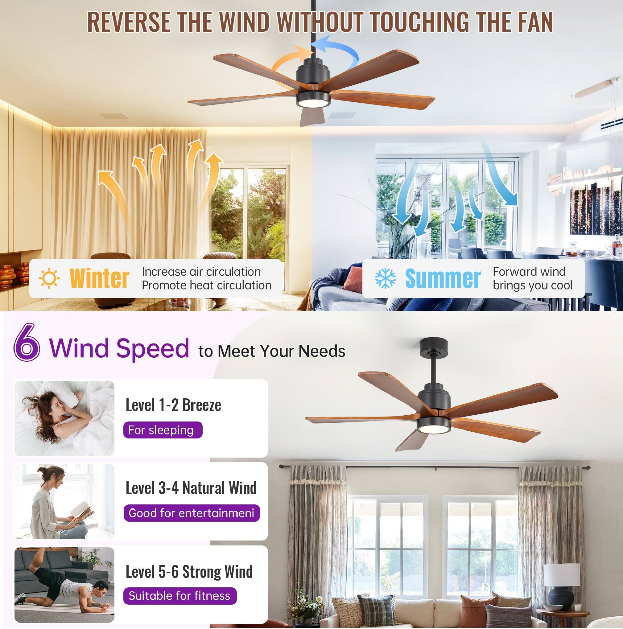 REVERSE THE WIND WITHOUT TOUCHING THE FAN

Winter
- Increase air circulation
- Promote heat circulation

Summer
- Forward wind brings you cool

6 Wind Speed to Meet Your Needs
- Level 1-2 Breeze: For sleeping
- Level 3-4 Natural Wind: Good for entertainment
- Level 5-6 Strong Wind: Suitable for fitness