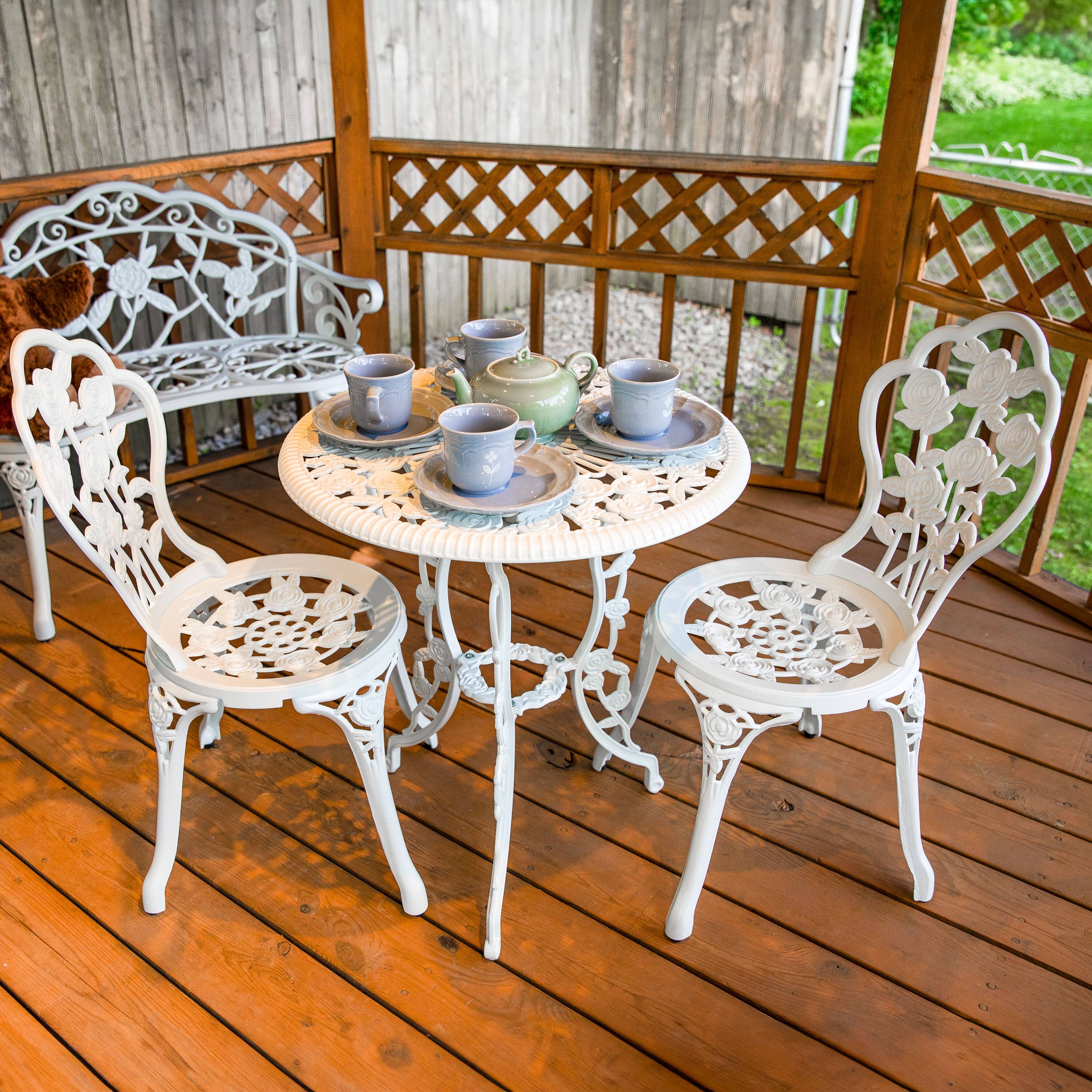 Alt View 1. Sunnydaze - Flower Design Cast Aluminum 3-Piece Patio Bistro Set - White.