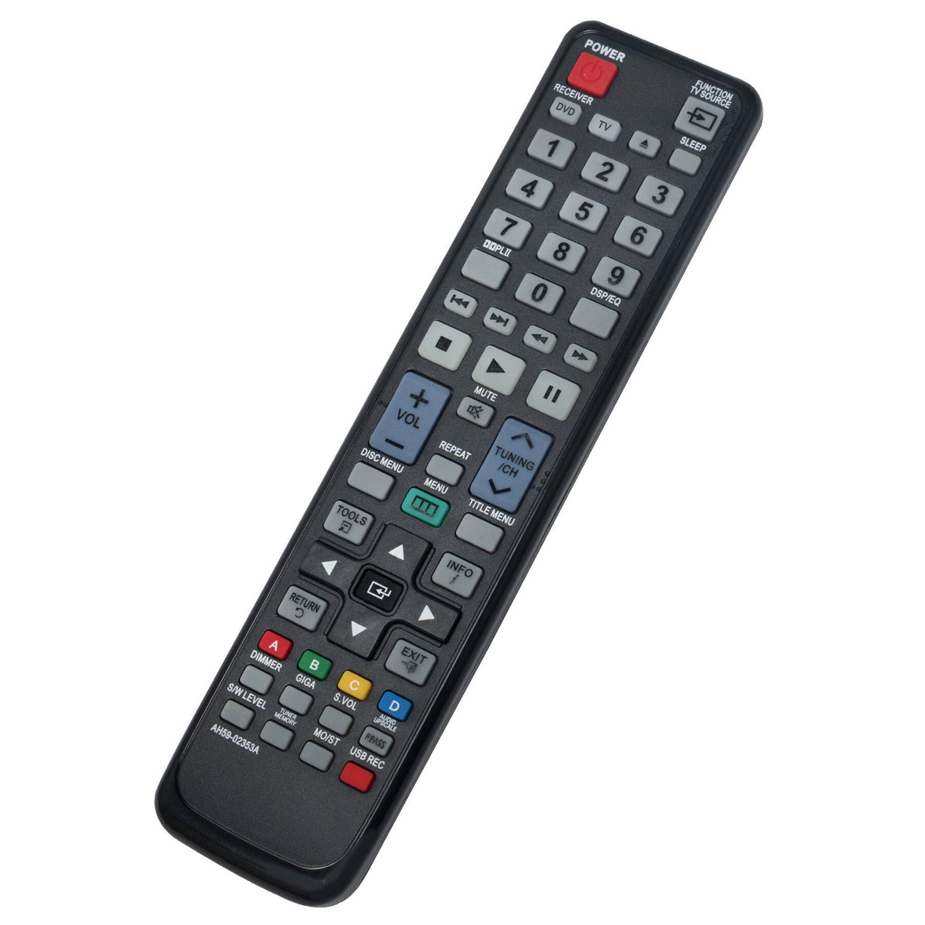 POWER RECEIVER  
FUNCTION TV/DVD  
DVD TV SLEEP  

1 2 3 4 5 6 7 8 9 0  

DOPPL  
DSPIEQ  

MUTE  

VOL + VOL -  

DISC MENU  
REPEAT  
TUNING  
ICH MENU  
TITLE MENU  

INFO  

DIMMER  

EXIT  

TOOLS  

RETURN  

MENU  

A B C D  

SWL LEVEL  
GIGA  
MOIST  
USB REC  

AH59-02353A