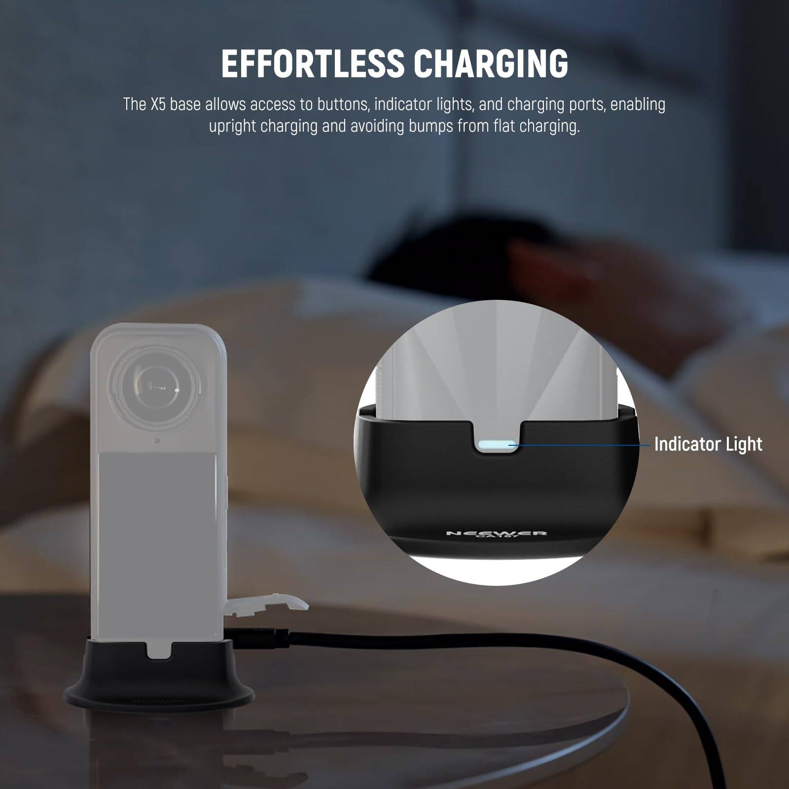 EFFORTLESS CHARGING

The X5 base allows access to buttons, indicator lights, and charging ports, enabling upright charging and avoiding bumps from flat charging.

Indicator Light