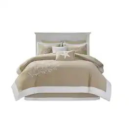 Gracie Mills - Douglass 6-Peice Cotton Jaquard Comforter Set with Coral Embroidery - Khaki