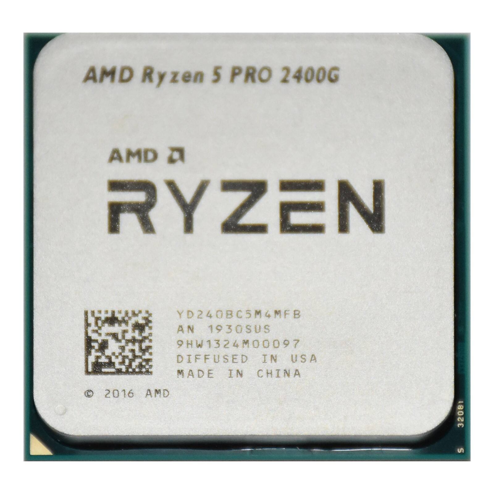 AMD Ryzen 5 PRO 2400G  
AMD RYZEN  
YD240BC5M4MFB  
AN 1930SUS  
9HW1324M00097  
DIFFUSED IN USA  
MADE IN CHINA  
© 2016 AMD