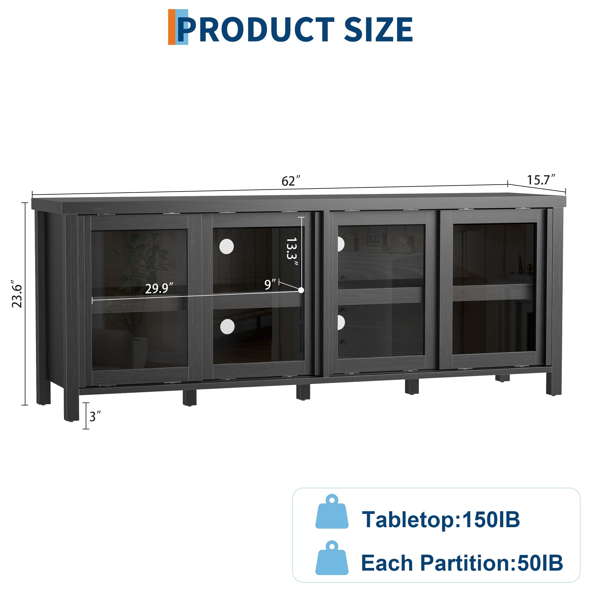 PRODUCT SIZE

62"  
15.7"  
23.6"  
29.9"  
9"  
3"

Tabletop: 150LB  
Each Partition: 50LB