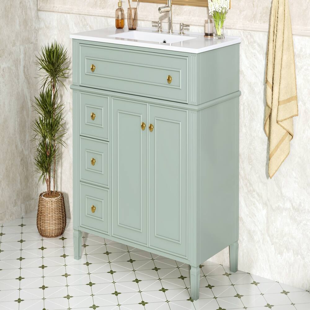 Angle. Loheer - Loheer 36 Inch Bathroom Vanity with Sink, Green Solid Wood Cabinet, Flip-Out Drawer & Gold Handles - Green.