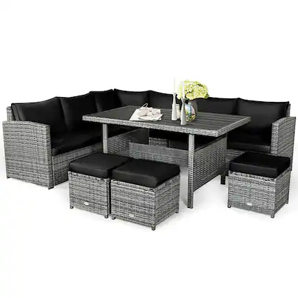 Front. Boyel Living - 7 Pieces Outdoor Wicker Sectional Sofa Set with Dining Table - Black.