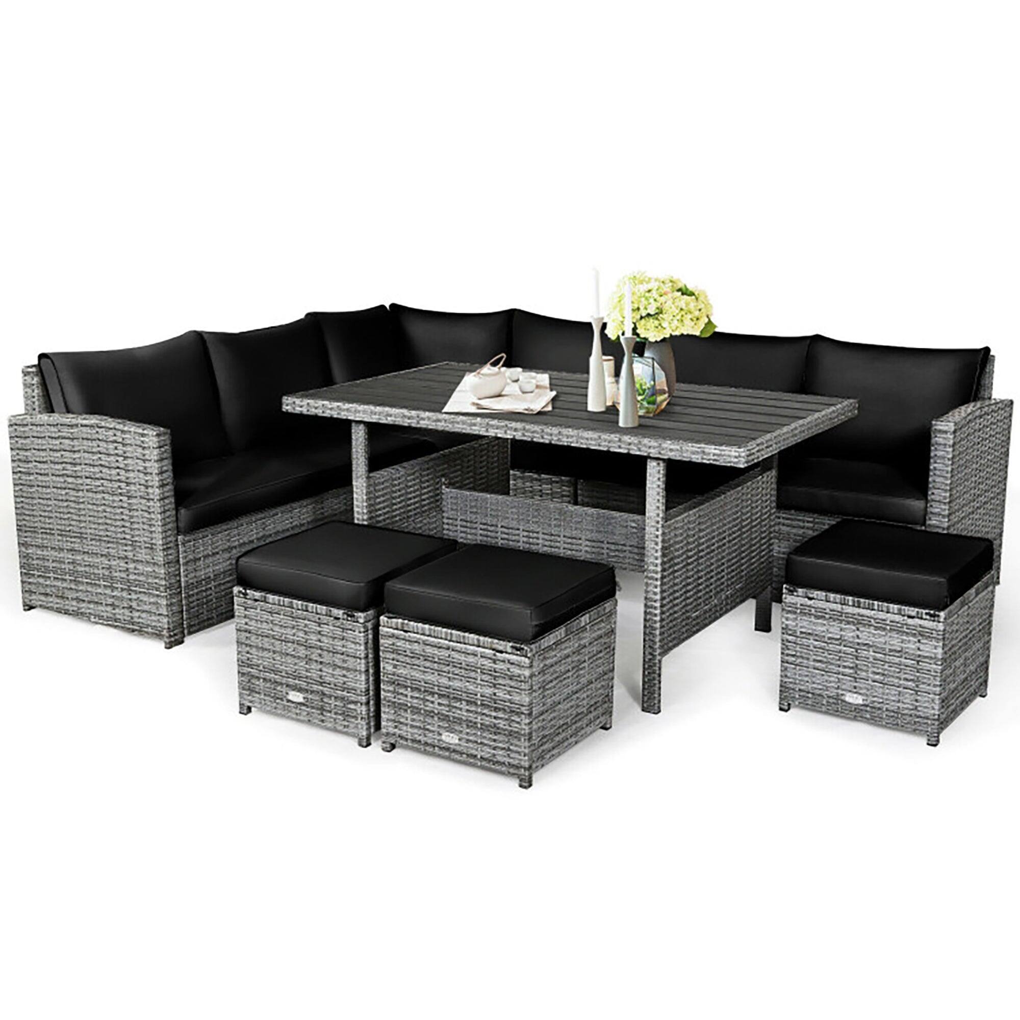 Front. Boyel Living - 7 Pieces Outdoor Wicker Sectional Sofa Set with Dining Table - Black.