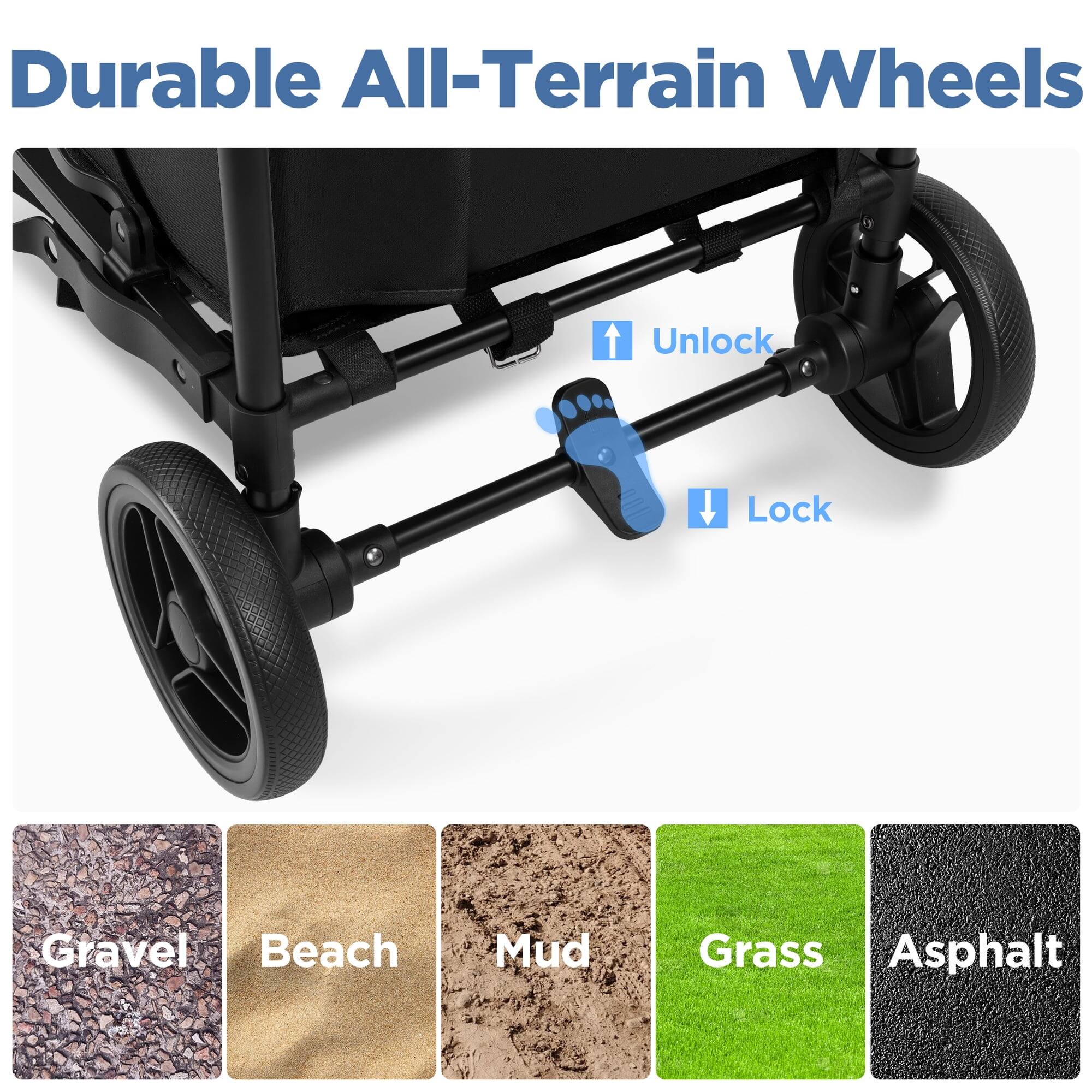 Durable All-Terrain Wheels

Unlock
Lock

Gravel
Beach
Mud
Grass
Asphalt