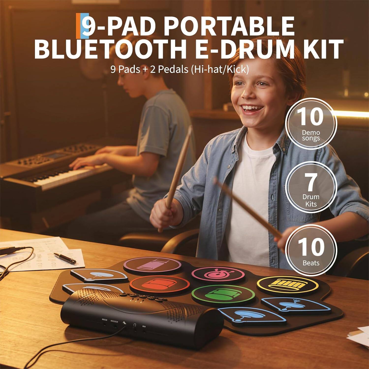 9-Pad Portable Bluetooth E-Drum Kit  
9 Pads + 2 Pedals (Hi-hat/Kick)  
10 Demo Songs  
7 Drum Kits  
10 Beats