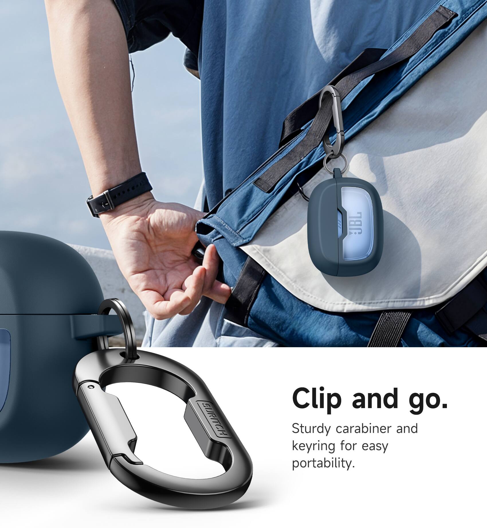 JBL CURITCH Clip and go. Sturdy carabiner and keyring for easy portability.