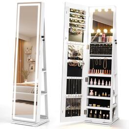 Costway - 360° Swivel Jewelry Cabinet with Lighted Full Length Mirror & Back Shelves, Lights - White