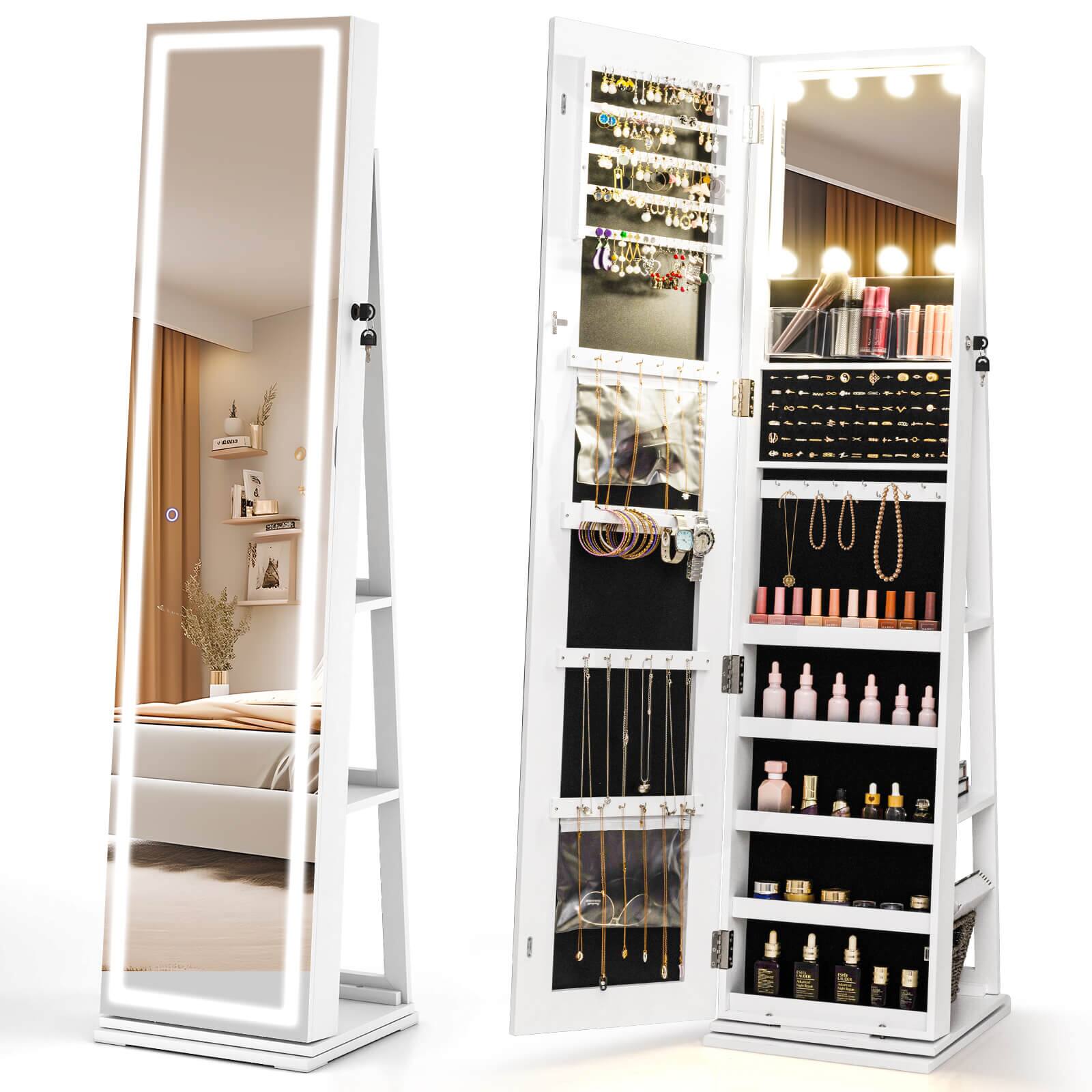 Front. Costway - Costway 360° Swivel Jewelry Cabinet with Lighted Full Length Mirror & Back Shelves, Lights - White.