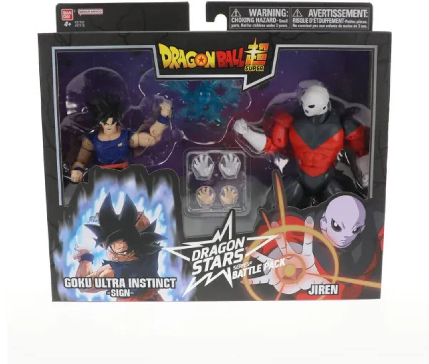 **WARNING: AVERTISSEMENT:**
CHOKING HAZARD - Small parts. Not for children under 3 years.  
RISQUE D'ÉTOUFFEMENT - Petites pièces. Ne convient pas aux enfants de moins de 3 ans.

**DRAGON BALL SUPER**

**DRAGON STARS SERIES BATTLE PACK**

- GOKU ULTRA INSTINCT -SIGN-
- JIREN

**BAN**  
**#37**  
**4+**