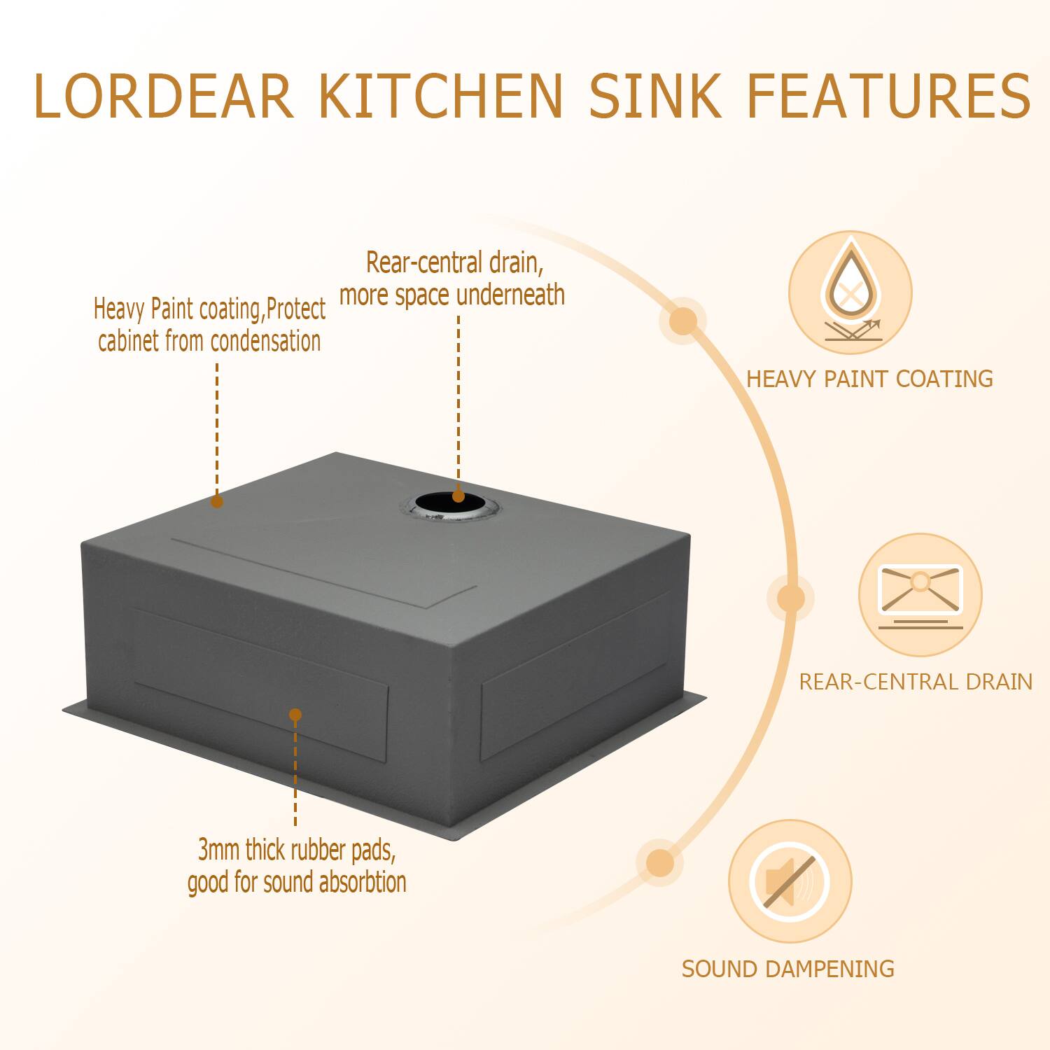 LORDEAR KITCHEN SINK FEATURES

Rear-central drain, more space underneath
Heavy Paint coating, protect cabinet from condensation
HEAVY PAINT COATING
REAR-CENTRAL DRAIN
3mm thick rubber pads, good for sound absorbtion
SOUND DAMPENING