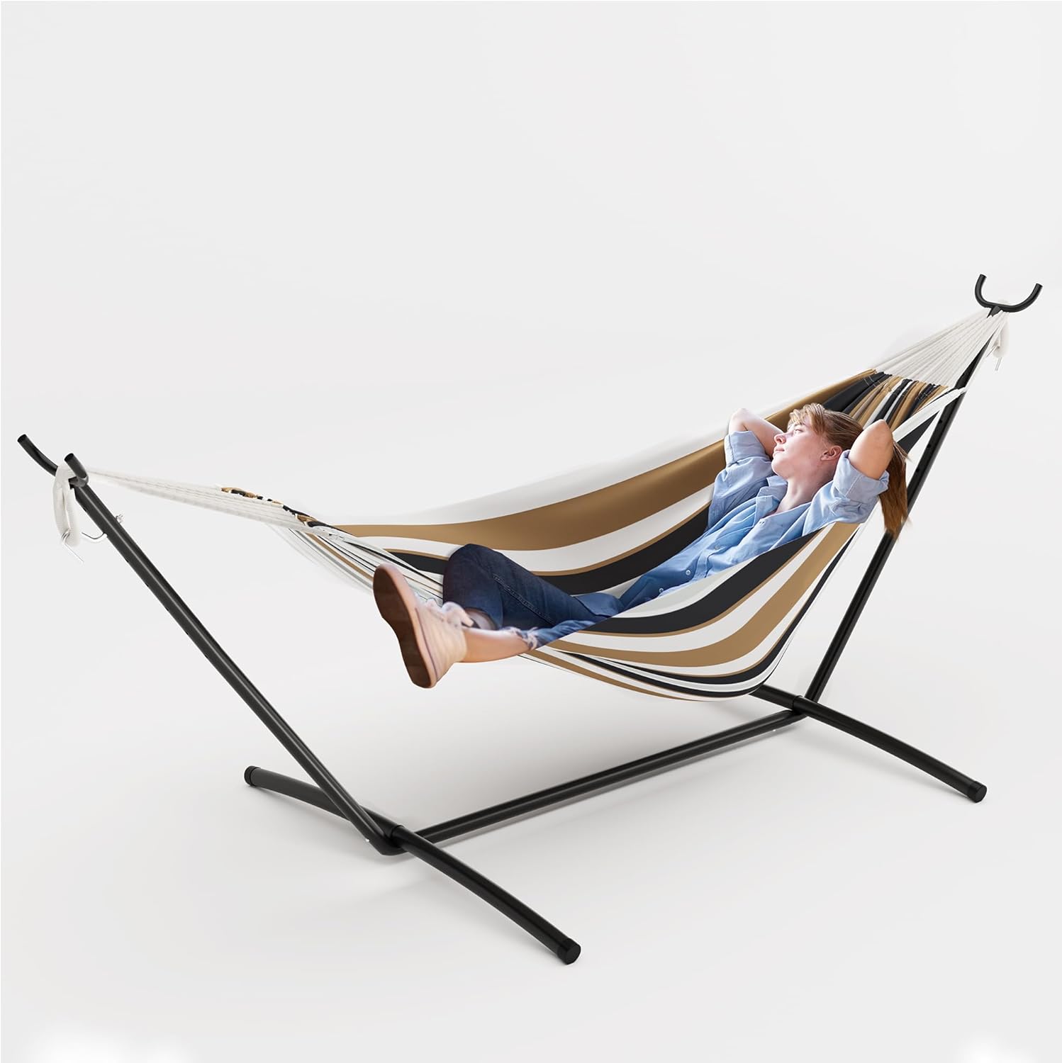 Angle. Homhougo - Double Hammock w/Steel Stand, 450 LB Capacity, Portable Indoor/Outdoor.