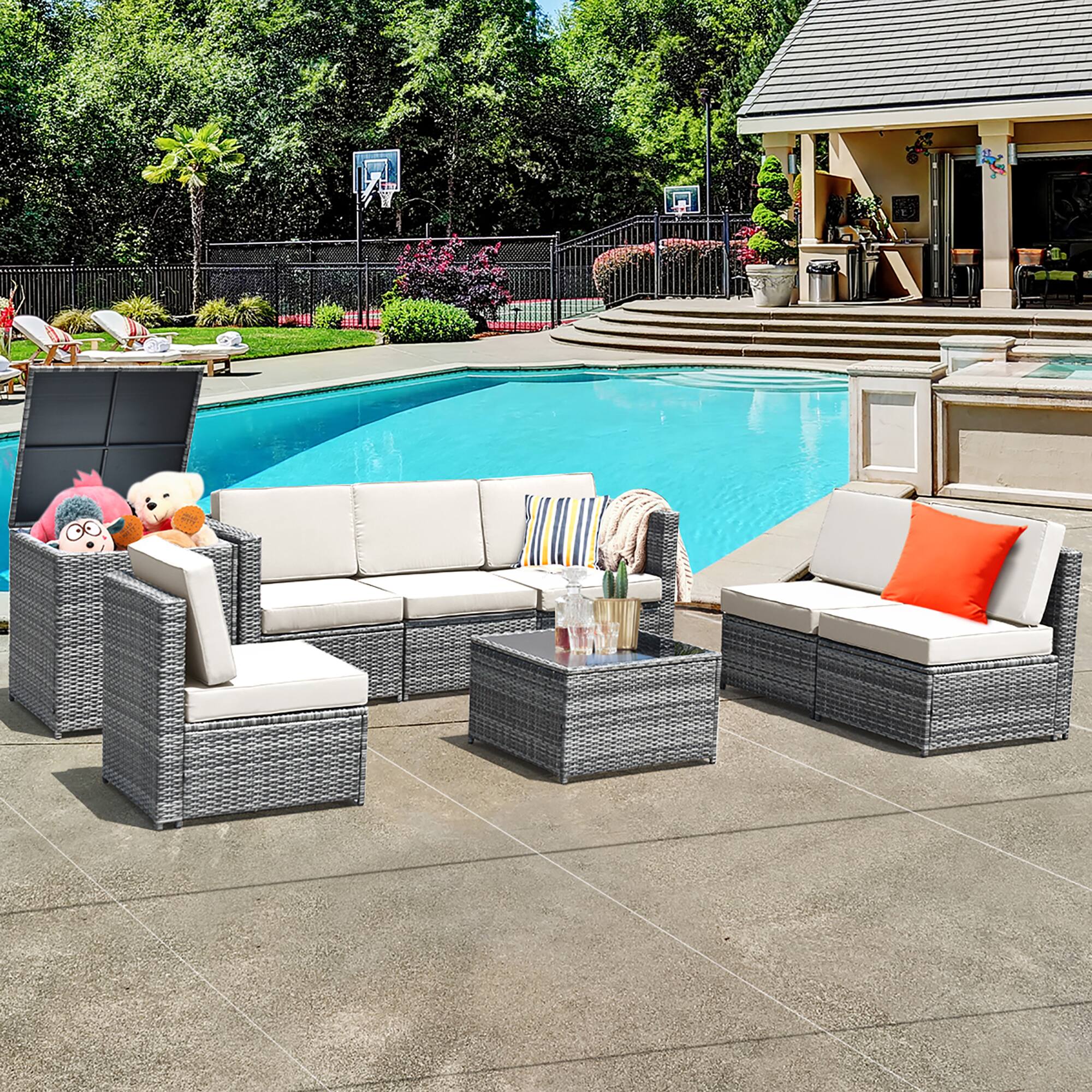 Alt View 1. Costway - 8 PCS Wicker Sofa Rattan Furniture Set Patio Furniture w/ Storage Table - White.