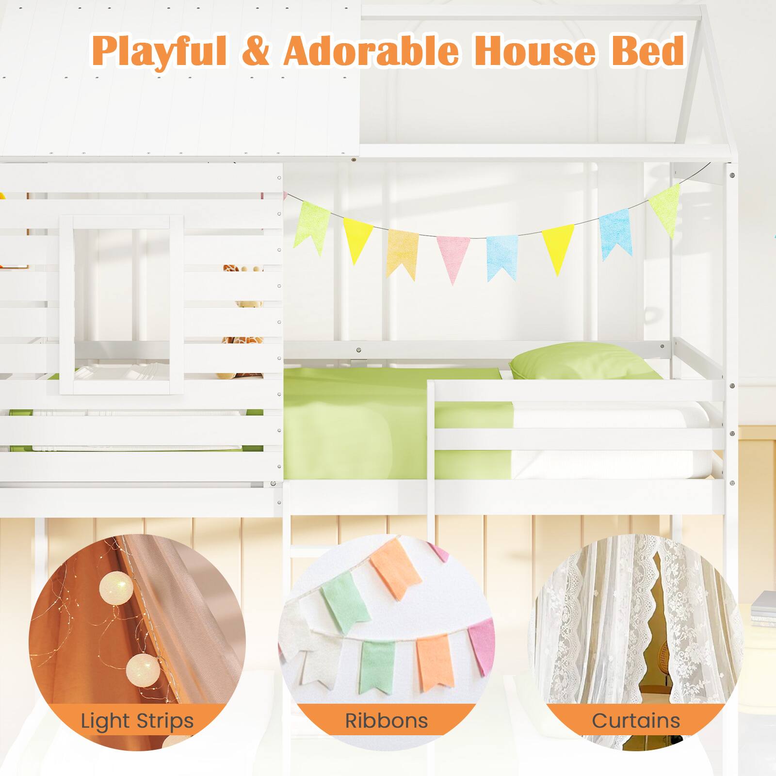 Playful & Adorable House Bed

- Light Strips
- Ribbons
- Curtains