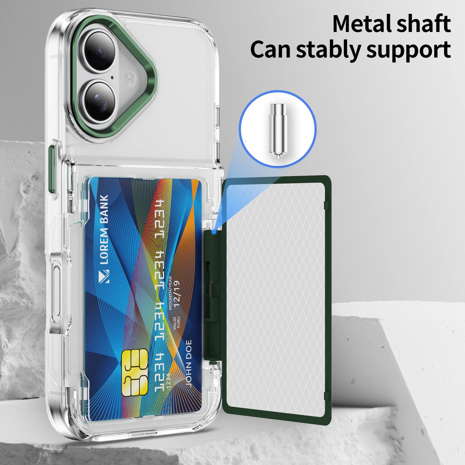 Metal shaft  
Can stably support  

BANK LOREM  
VALID THRU 12/19  
JOHN DOE