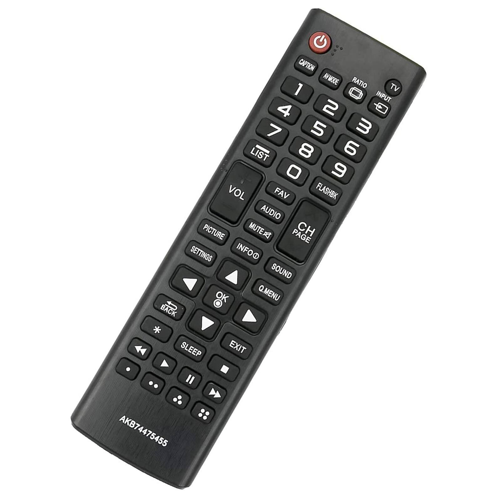 CAPTION AVMODE RATIO 1 TV INPUT 4 2 7 5 3 LIST 8 6 0 9 VOL FAV FLASHBK AUDIO PICTURE MUTE PAGE CH SETTINGS INFO SOUND OK Q.MENU BACK SLEEP EXIT AKB74475455