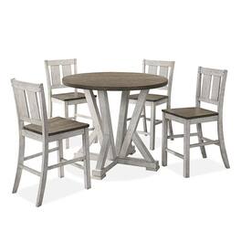 Manhattan Lane - Koe 5pc Counter Height Round Table, Chair Set, White Brown Solid Wood - White, Ash Brown