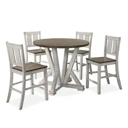 Front. Manhattan Lane - Koe 5pc Counter Height Round Table, Chair Set, White Brown Solid Wood - White, Ash Brown.