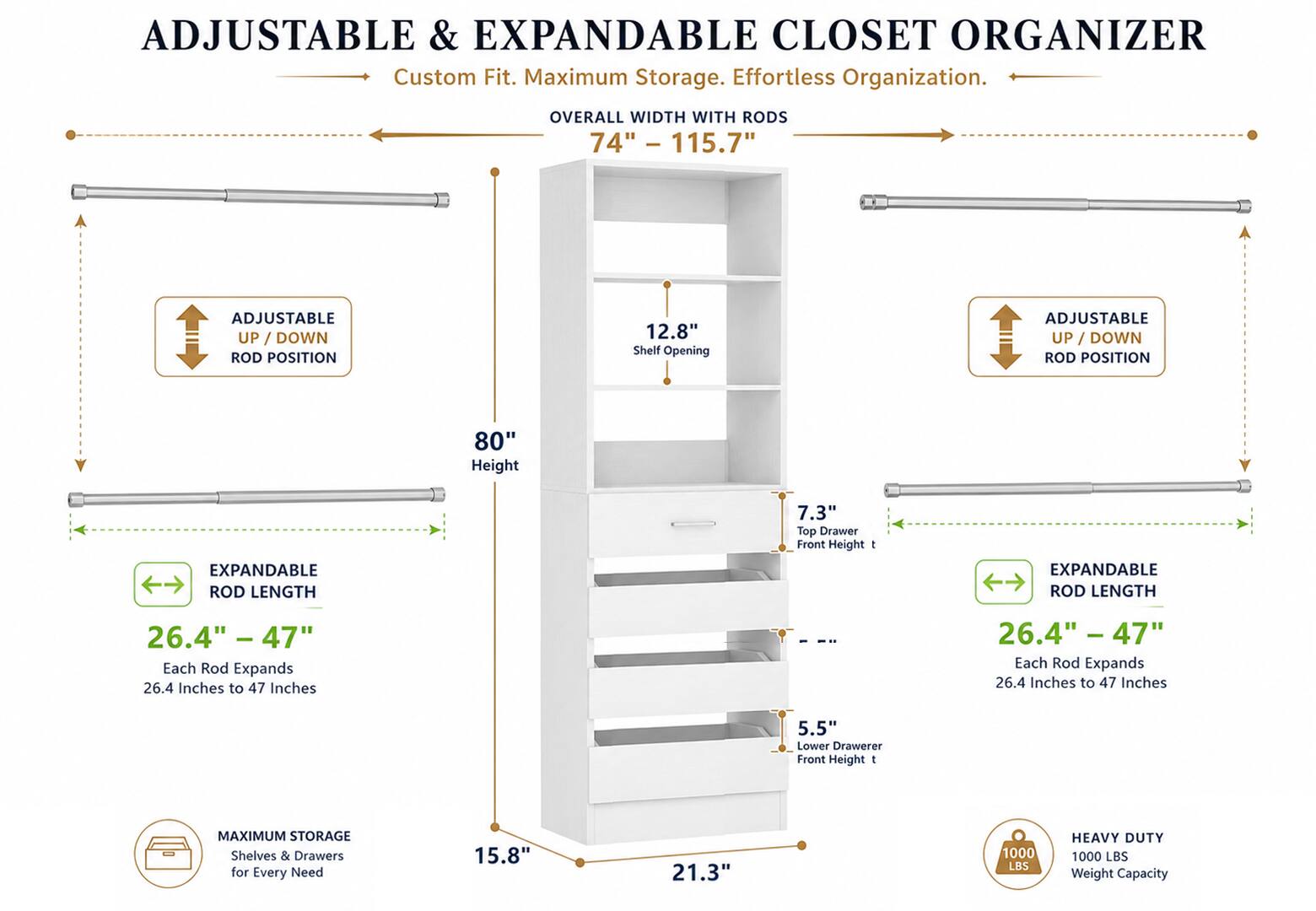 ADJUSTABLE & EXPANDABLE CLOSET ORGANIZER Custom Fit. Maximum Storage. Effortless Organization.  
OVERALL WIDTH WITH RODS 74" - 115.7"  
ADJUSTABLE UP/DOWN ROD POSITION 12.8" Shelf Opening  
ADJUSTABLE UP/DOWN ROD POSITION 80" Height  
EXPANDABLE ROD LENGTH 7.3" Top Drawer Front Height  
EXPANDABLE ROD LENGTH 26.4" Each Rod Expands 26.4 Inches to 47 Inches  
5.5" Lower Drawer Front Height  
MAXIMUM STORAGE Shelves & Drawers for Every Need  
1000 LBS HEAVY DUTY Weight Capacity