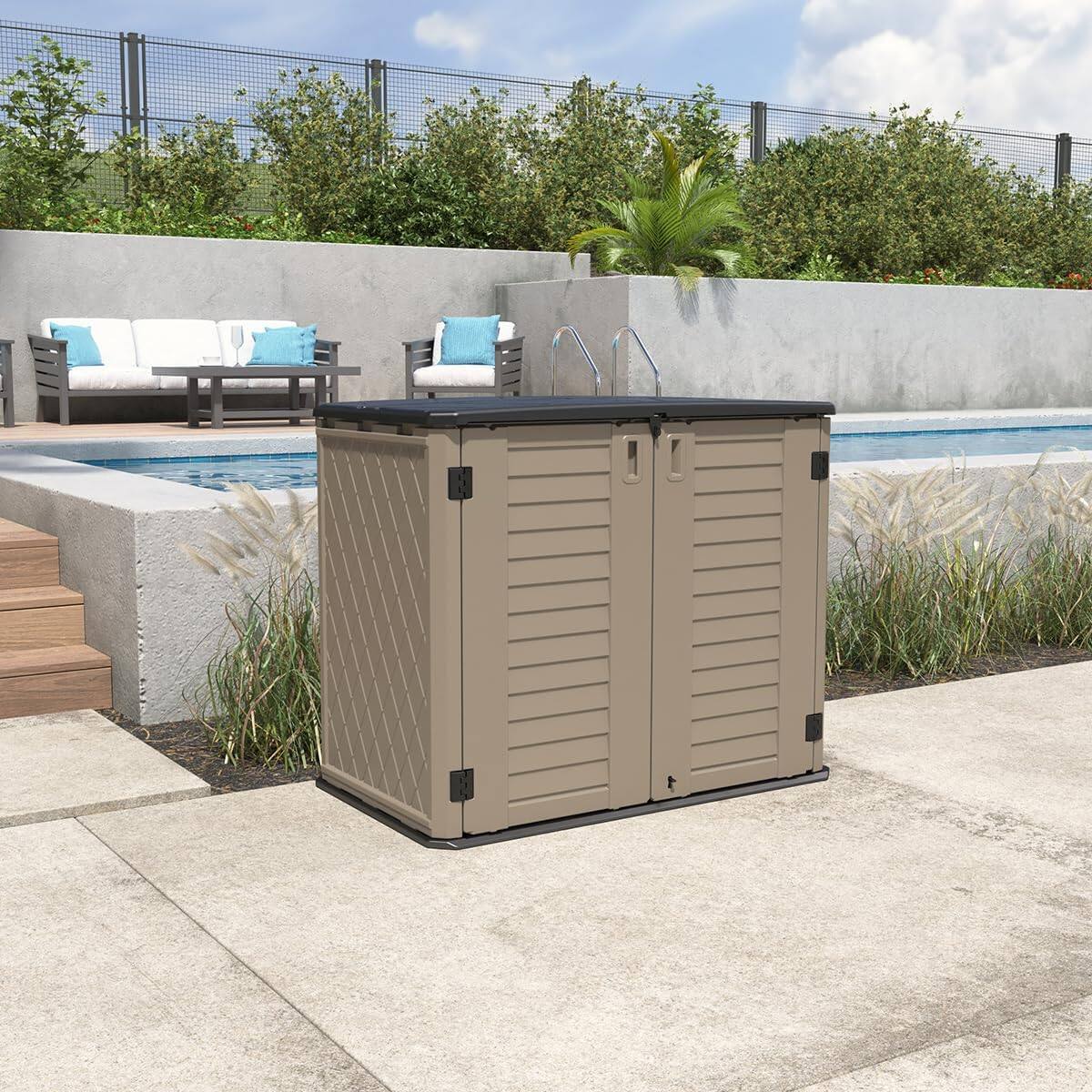 Back. Yardgrace - 26 cu.ft. Waterproof Horizontal Storage Shed, Multi-Opening Deck Box for Bike, Garbage Cans Lawn Mower, for Garden Patio - brown.