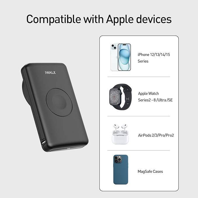 Compatible with Apple devices

- iPhone 12/13/14/15 Series
- Apple Watch Series 2-8/Ultra/SE
- AirPods 2/3/Pro/Pro2
- MagSafe Cases
