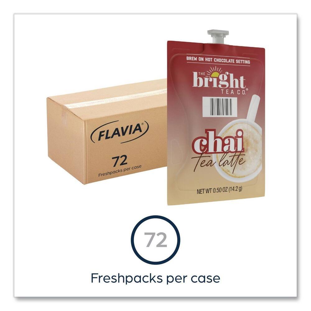 Brew on Hot Chocolate Setting  
The Bright Tea Co.  
Flavia  
Chai Tea Latte  
Net Wt 0.50 oz (14.2g)  
72 Freshpacks per case  
72 Freshpacks per case