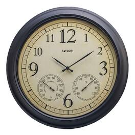 Taylor Precision Products - 18.5" Analog Quartz Time Temp Hygrometer Outdoor Round Clock, Battery Operated, UV Fade-Resistant, Metal - Black