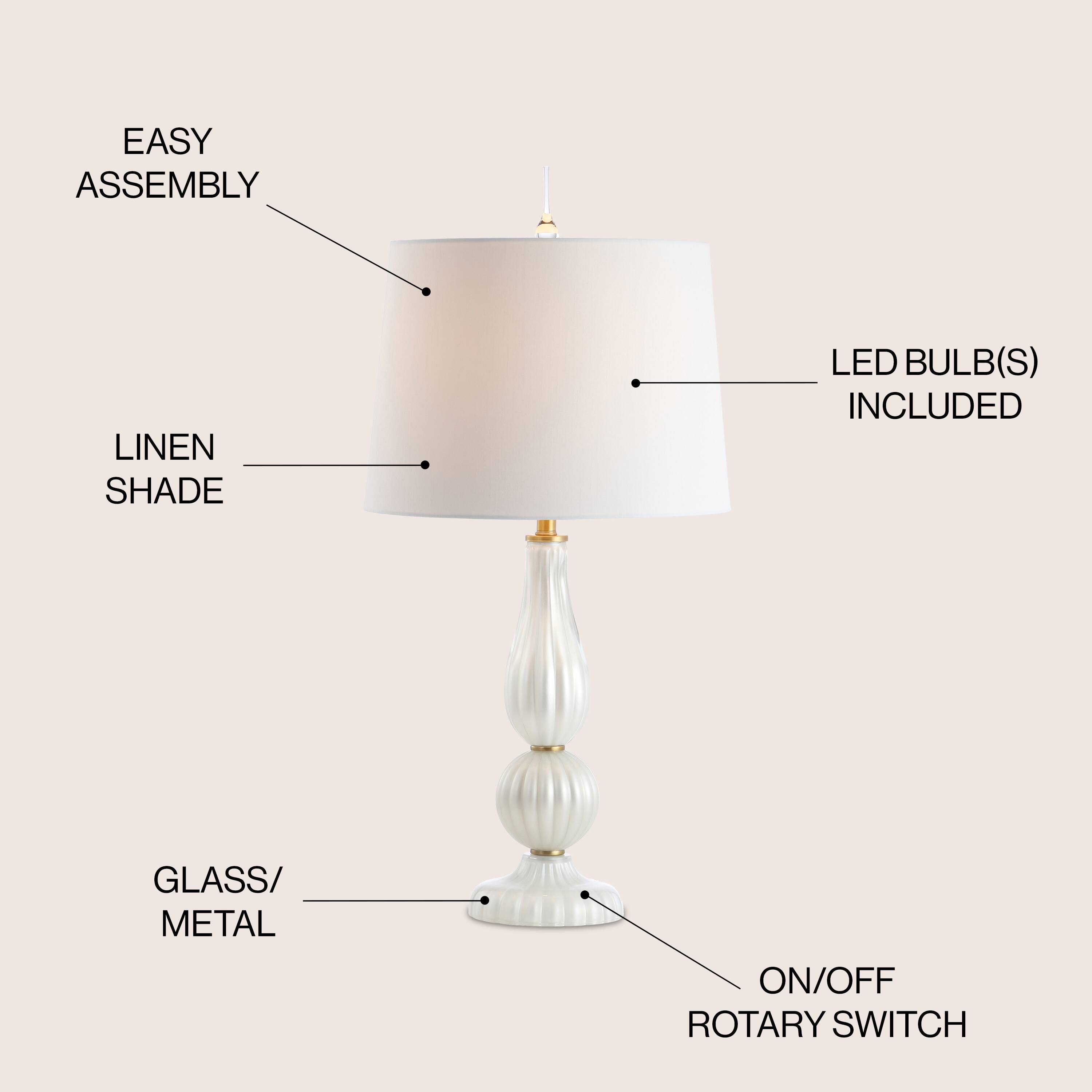 EASY ASSEMBLY LINEN SHADE LED BULB(S) INCLUDED GLASS/METAL ON/OFF ROTARY SWITCH