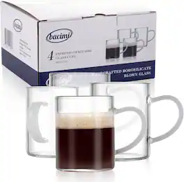 Bacimi - Clear Demitasse Mini Espresso Coffee Cups with White Handles - Set of 4 / 3oz / 90 ML - Borosilicate Glass 3mm Thick - Clear/White