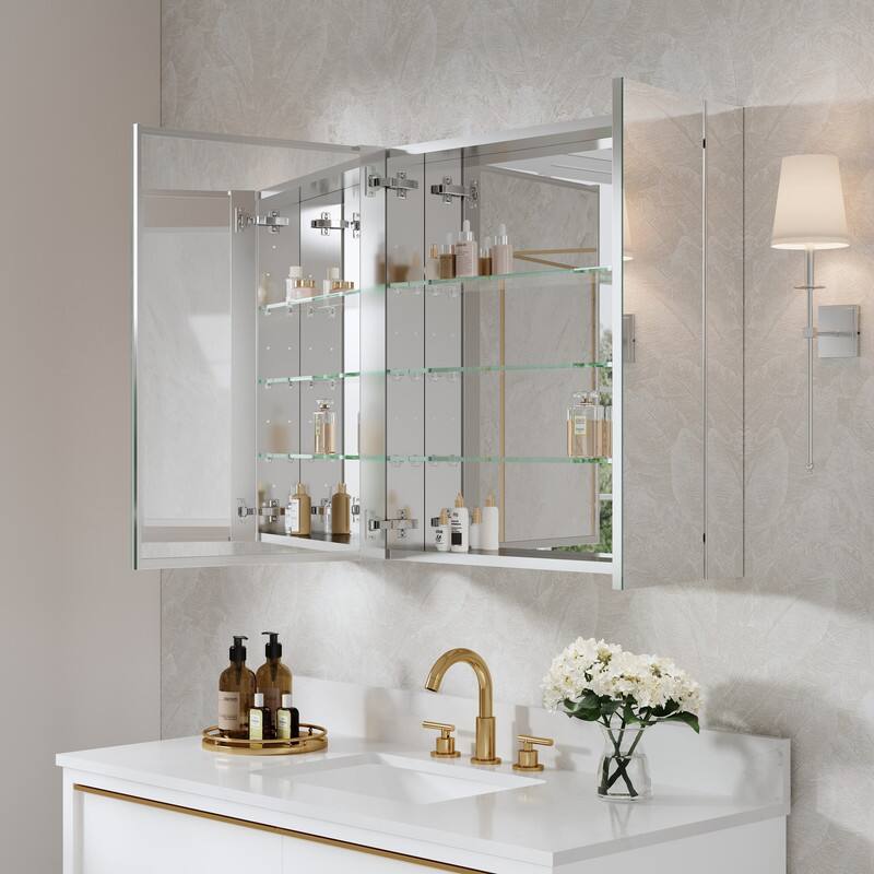 Alt View 2. WELLFOR - 40 in. W x 30 in. H Rectangular Aluminum Recess or Surface Mount Medicine Cabinet with Mirror, Soft Close Door - Silver.