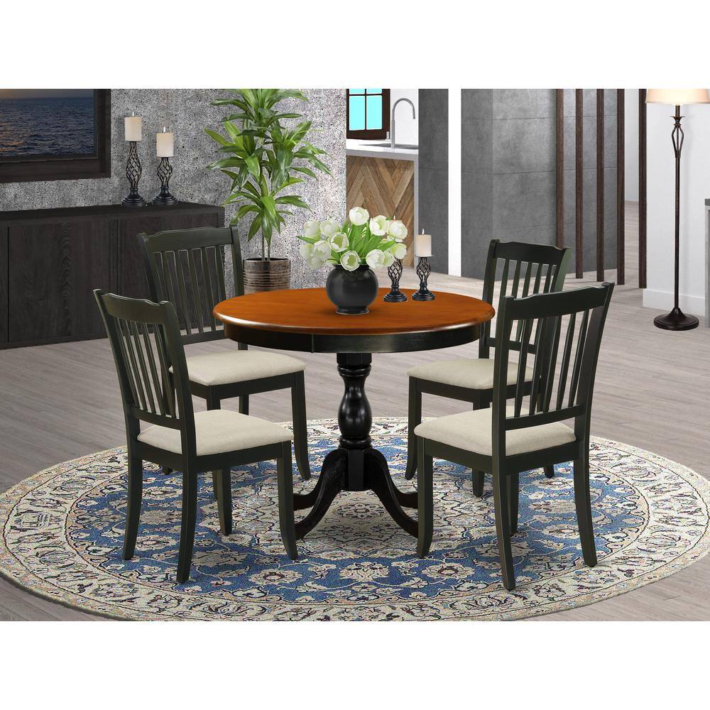 Angle. East West Furniture - East West Furniture 5-Piece Modern Dining Set Includes a Round Wood Table and 4 Linen Fabric Dining Room Chairs with - Multi-Color.