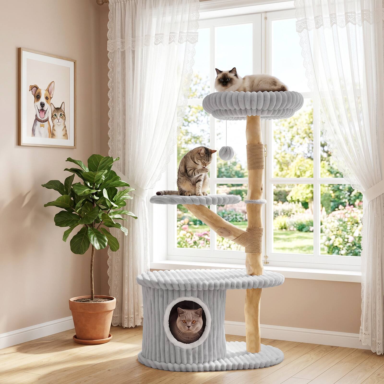 Alt View 1. Gymax - Gymax 41 Inch Tall Modern Cat Tower w/Real Wood Branches Scratching Posts Cozy Bed Gray - Gray.
