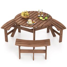 Gymax - 6-Person Round Picnic Table Set w/ 3 Built-in Benches 2'' Umbrella Hole Brown - Black, Natural