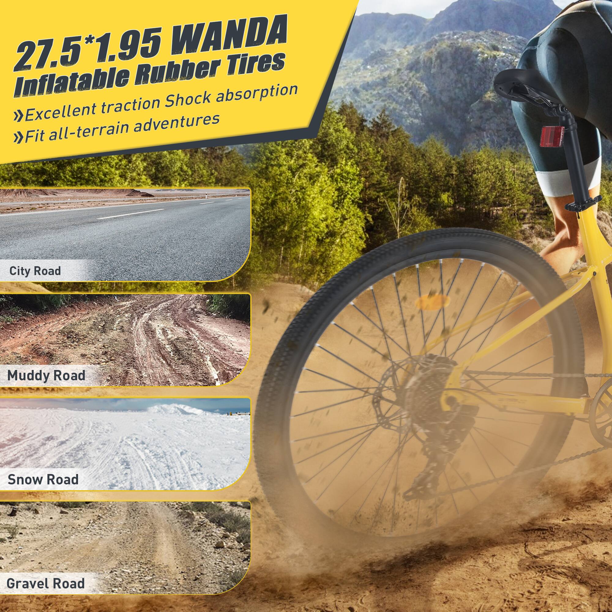 27.5*1.95 WANDA Inflatable Rubber Tires

- Excellent traction
- Shock absorption
- Fit all-terrain adventures

City Road

Muddy Road

Snow Road

Gravel Road