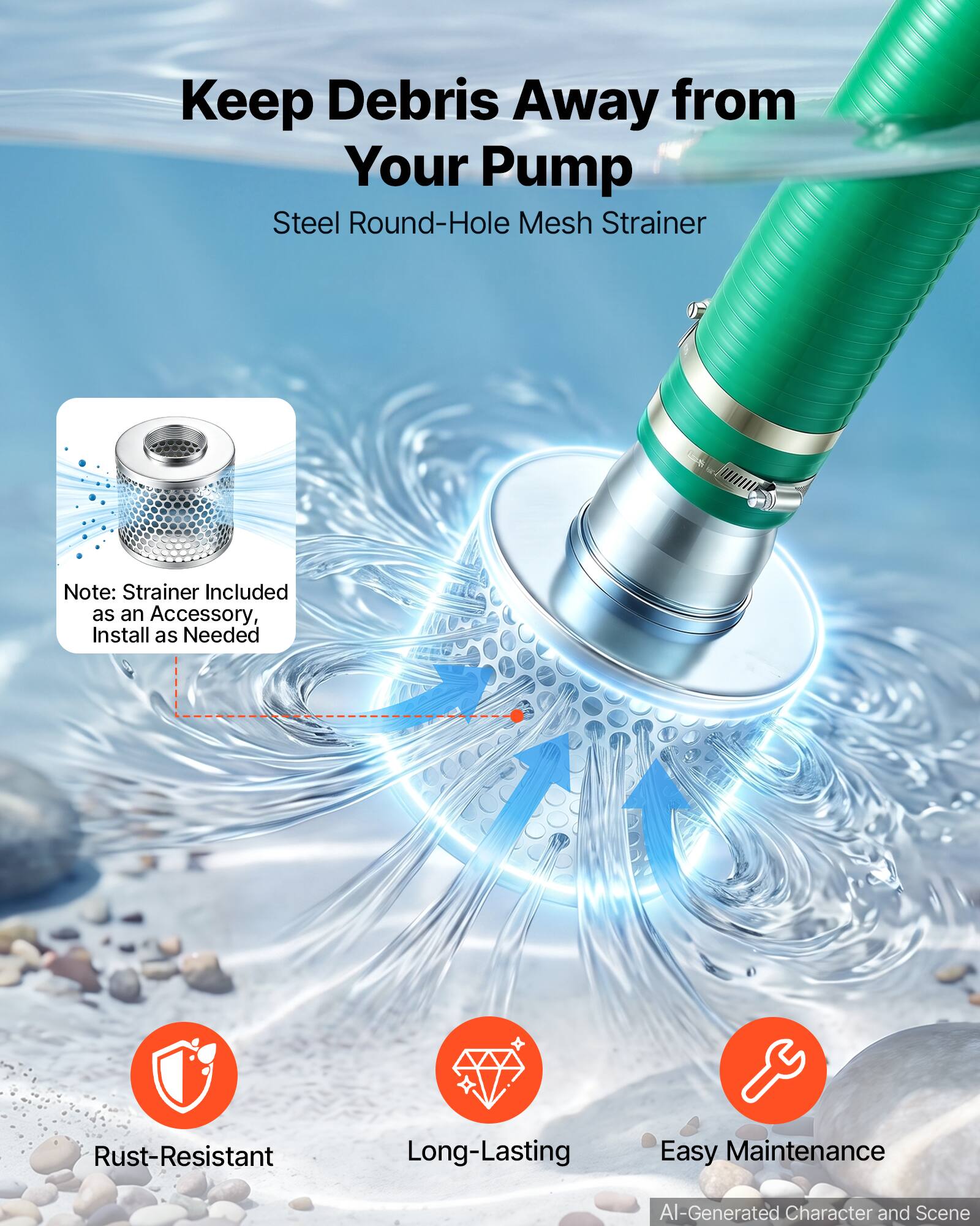 Keep Debris Away from Your Pump  
Steel Round-Hole Mesh Strainer  

Note: Strainer Included as an Accessory, Install as Needed  

Rust-Resistant  
Long-Lasting  
Easy Maintenance  

AI-Generated Character and Scene