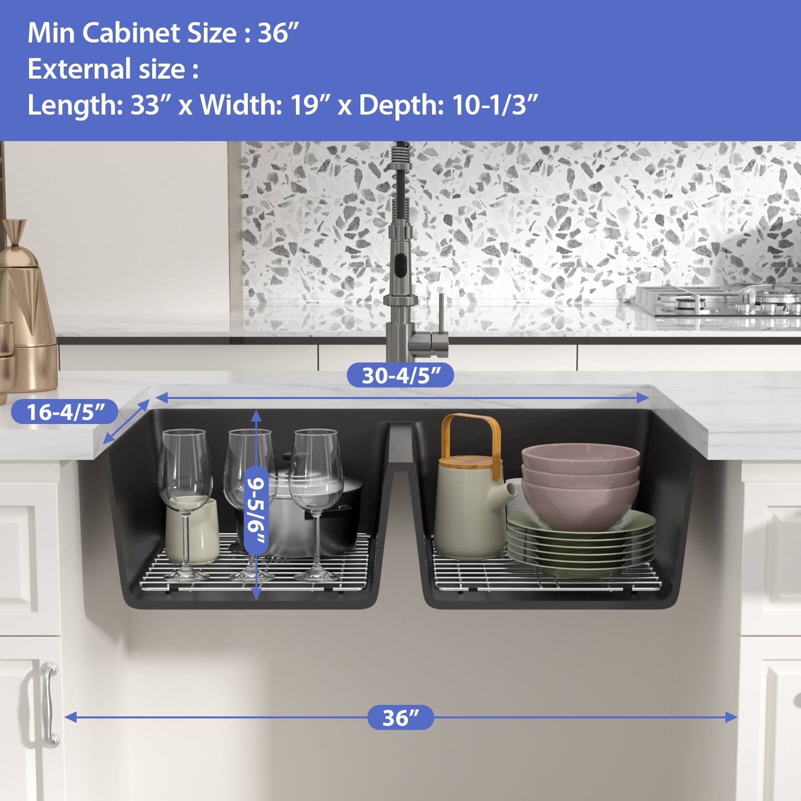 Min Cabinet Size: 36"  
External size:  
Length: 33" x Width: 19" x Depth: 10-1/3"  

16-4/5"  
30-4/5"  
9-5/6"  
36"