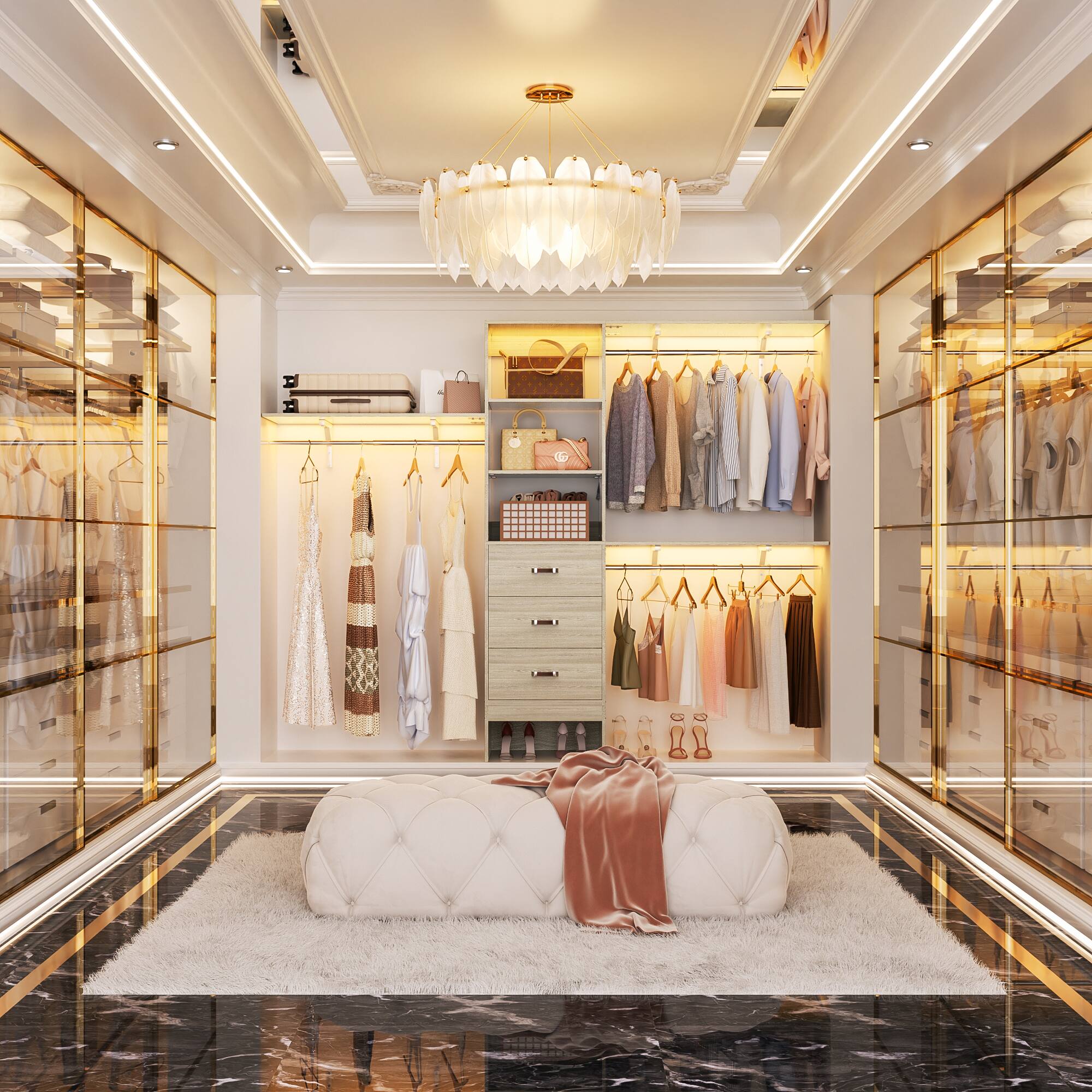 Alt View 2. Aheaplus - 20.2'' - 96'' W Closet System, Walk In Closet Organizer with 3 Shelving Towers, 3 Hanging Rods, and 3 Drawers, 75'' High - Beige Oak.