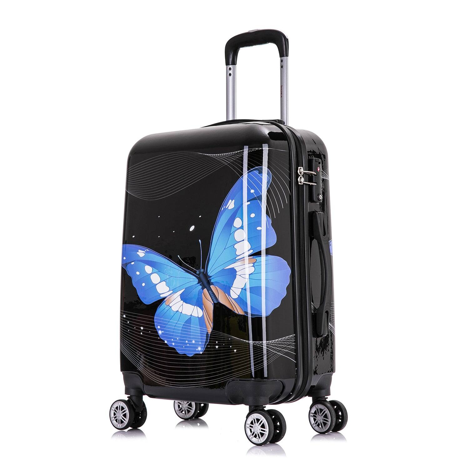Front. InUSA - Black  Butterfly Prints Lightweight Hardside spinner luggage 20" Carry-on - BLACK BUTTERFLY.